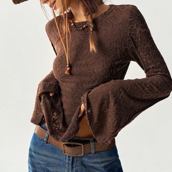 Solid lace Fitted Long Bell Sleeve Top - Picture 10 of 12